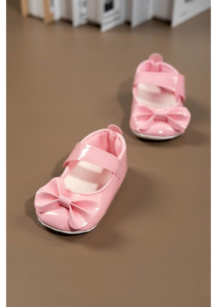 Pembe Rugan Fiyonklu Kız Bebek Babet Ayakkabısı Pembe