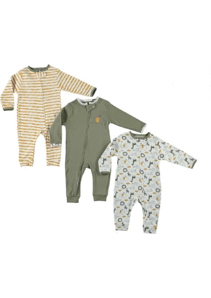 Fil Detaylı, Karışık Hayvan Figürlü, Çizgili Fermuarlı 3'lü Tulum Seti