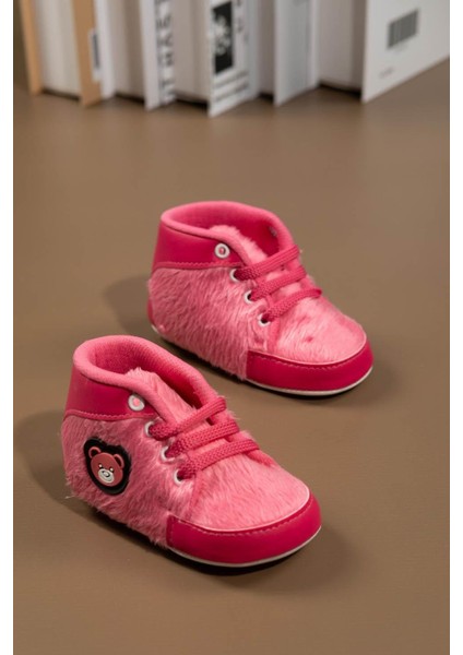 Pembe Peluş Dokulu Ayıcık Aplikeli Kız Bebek Ilk Adım Ayakkabısı Koyu Pembe
