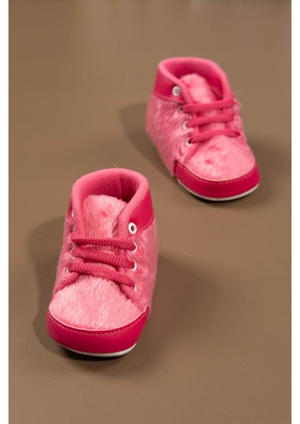 Pembe Peluş Dokulu Ayıcık Aplikeli Kız Bebek Ilk Adım Ayakkabısı Koyu Pembe