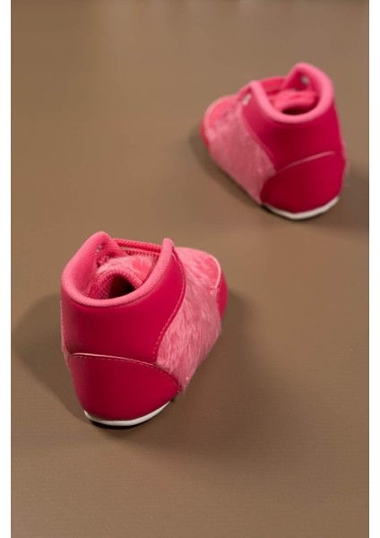 Pembe Peluş Dokulu Ayıcık Aplikeli Kız Bebek Ilk Adım Ayakkabısı Koyu Pembe