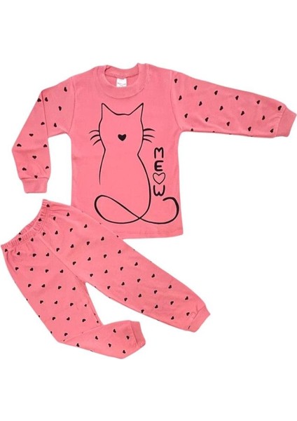 Kedi Desenli Uzun Kollu Bisiklet Yaka Pijama Takımı Nar Çiçeği