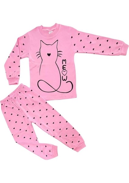 Kedi Desenli Uzun Kollu Bisiklet Yaka Pijama Takımı Pembe