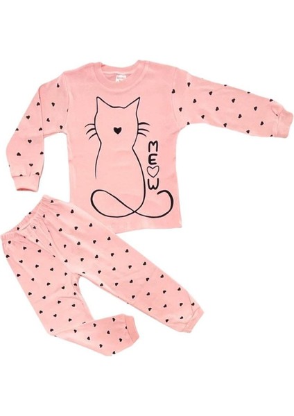 Kedi Desenli Uzun Kollu Bisiklet Yaka Pijama Takımı Yavruağzı
