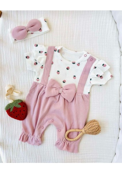 Kız Bebek Çilek Baskılı Fiyonklu Yazlık Tulum Pembe