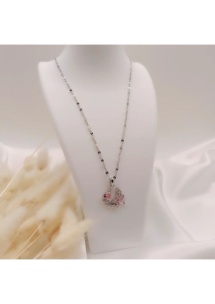 316L Çelik Gümüş Renk Pembe Zirkon Taşlı Çiçek Figürlü Kolye