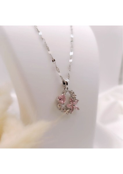 316L Çelik Gümüş Renk Pembe Zirkon Taşlı Çiçek Figürlü Kolye fiyatları