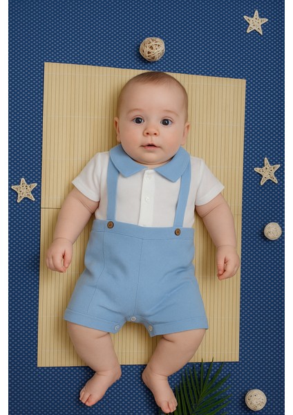 Unisex Askılı Görünümlü Kısa Kollu Bebek Tulum Turkuaz