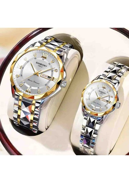 2 Adet Çift Saati Çelik Erkek ve Kadın Lüx 1. Sınıf Kol Saati Gold