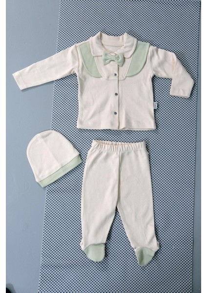 Unisex Papyon Detaylı Şapkalı Bebek Tulum Zıbın Krem Üzerine Parçalı Yeşil