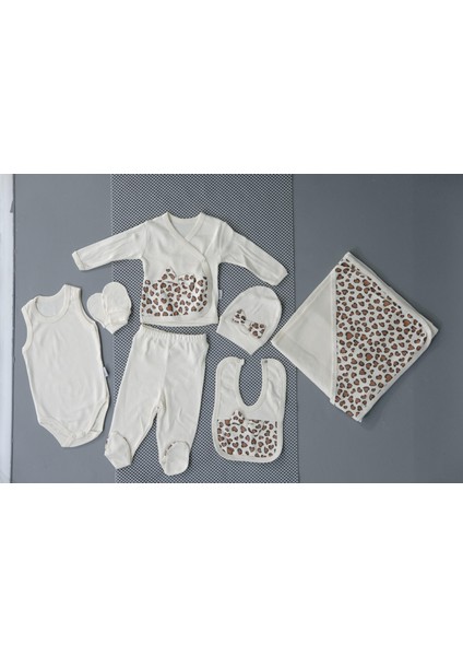 Leopar Desenli 7'li Kız Bebek Zıbın Takımı Krem