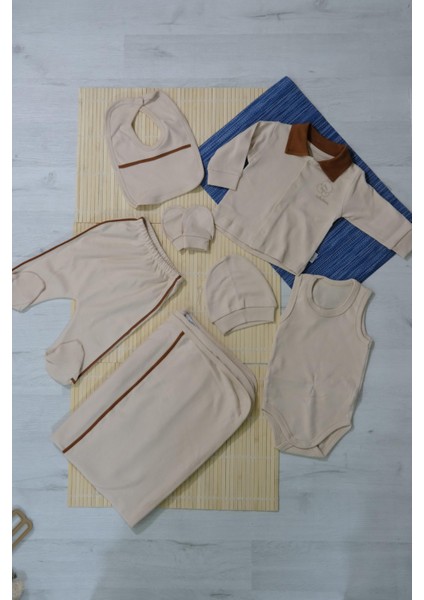 Unisex Ayıcık Desenli 7'li Zıbın Takımı Kahverengi Biyeli Krem