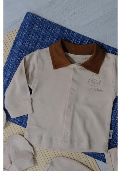 Unisex Ayıcık Desenli 7'li Zıbın Takımı Kahverengi Biyeli Krem modelleri