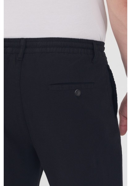 Theseason Erkek Siyah Pamuklu Keten Görünümlü Beli Bağcıklı Relaxed Fit Yazlık Chino Pantolon