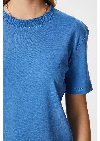 Kadın Rise Dekoratif Yaka Tok Doku %100 Pamuk Mavi T-Shirt
