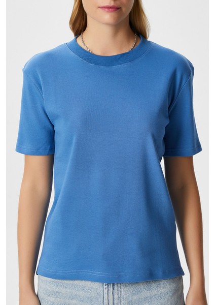 Kadın Rise Dekoratif Yaka Tok Doku %100 Pamuk Mavi T-Shirt