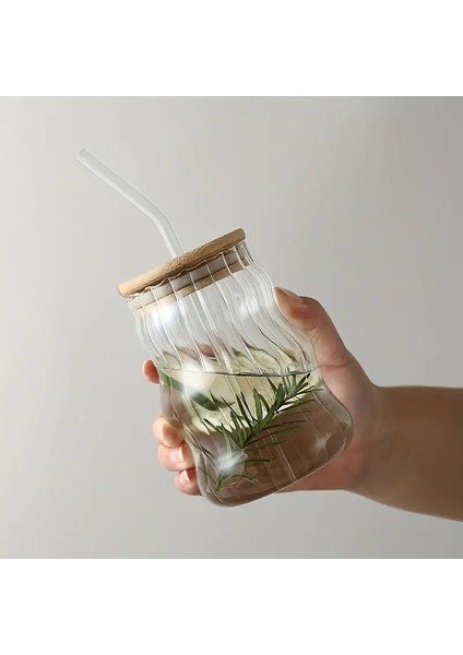 Ciho Bambu Kapaklı Cam Pipetli 500 ml Smoothie Kokteyl Kahve Çay Limonata Soğuk Kahve Bardağı