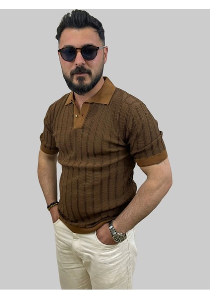 Erkek Çizgili Slim Fit Polo Yaka Kahverengi Triko Tişört