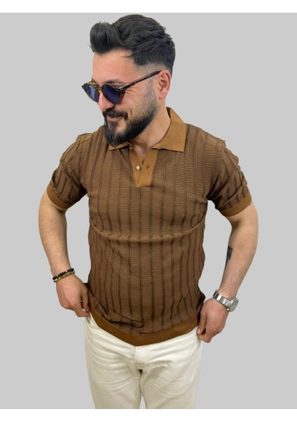 Erkek Çizgili Slim Fit Polo Yaka Kahverengi Triko Tişört fiyatları