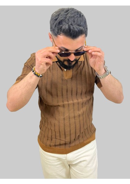 Erkek Çizgili Slim Fit Polo Yaka Kahverengi Triko Tişört modelleri