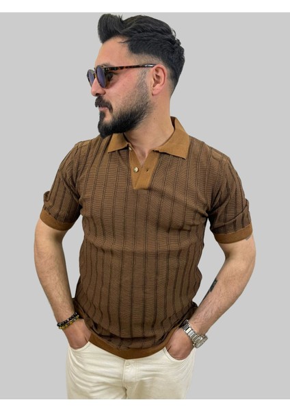 Erkek Çizgili Slim Fit Polo Yaka Kahverengi Triko Tişört fırsatları
