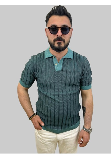 Erkek Slim Fit Çizgili Polo Yaka Petrol Yeşili Triko Tişört