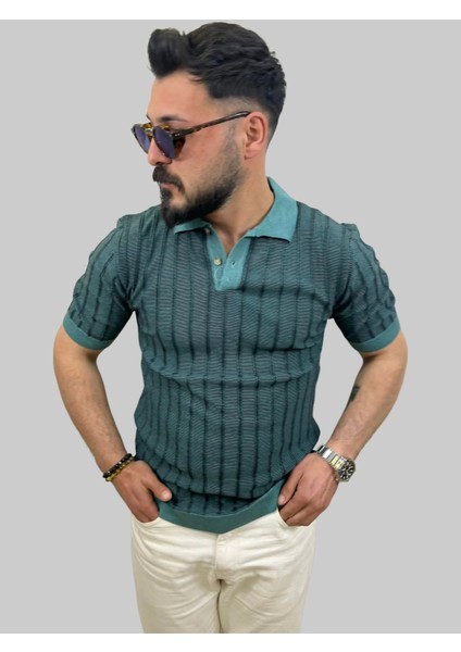 Erkek Slim Fit Çizgili Polo Yaka Petrol Yeşili Triko Tişört fiyatları
