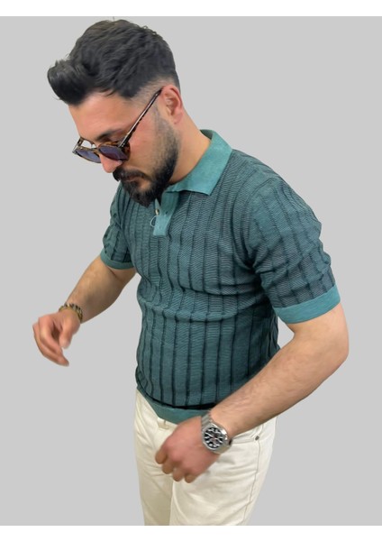 Erkek Slim Fit Çizgili Polo Yaka Petrol Yeşili Triko Tişört modelleri