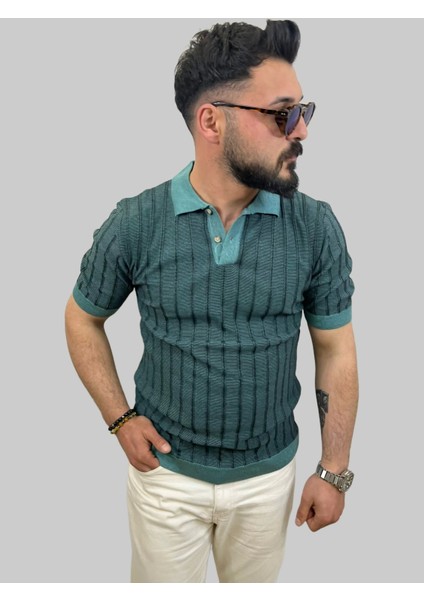 Erkek Slim Fit Çizgili Polo Yaka Petrol Yeşili Triko Tişört fırsatları