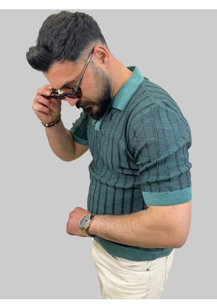 Erkek Slim Fit Çizgili Polo Yaka Petrol Yeşili Triko Tişört indirimleri