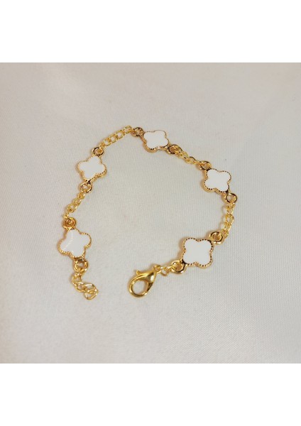 Altın Kaplama Zincir Beyaz Mini Van Cleef Yonca Figürlü Kadın Bileklik-Şık, Zarif, Şans Sembolü Takı Modeli-Minimal Van Cleef Bileklik-Çift Taraflı Yonca Bileklik modelleri