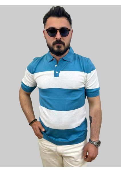 Erkek Blok Parçalı Slim Fit Polo Yaka Mavi-Buz Beyaz Triko Tişört
