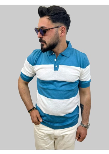 Erkek Blok Parçalı Slim Fit Polo Yaka Mavi-Buz Beyaz Triko Tişört fiyatları