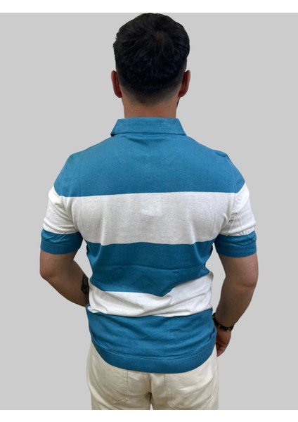 Erkek Blok Parçalı Slim Fit Polo Yaka Mavi-Buz Beyaz Triko Tişört fırsatları