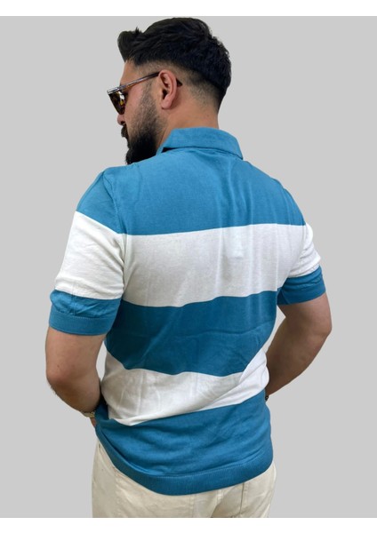 Erkek Blok Parçalı Slim Fit Polo Yaka Mavi-Buz Beyaz Triko Tişört indirimleri