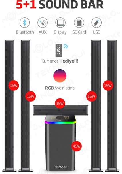 HP-TV04 5+1 Soundbar Ev Sinema Sistemi Stereo Hd Ses Kalitesi Rgb Kablolu 45W Amfi 15WX5 Soundbar