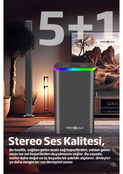 HP-TV04 5+1 Soundbar Ev Sinema Sistemi Stereo Hd Ses Kalitesi Rgb Kablolu 45W Amfi 15WX5 Soundbar fiyatları