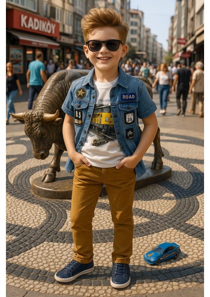 Erkek Çocuk 3'lü Takım – Denim Ceket + Astronot Baskılı Tişört + Hardal Pantolon fiyatları