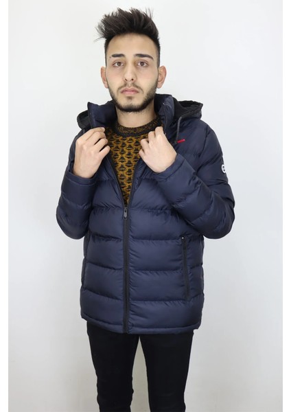 Fistan Store Erkek Hakim Yaka Spor Kesim Rahat Kalıp Kapüşonlu Fermuarlı Kışlık Mont