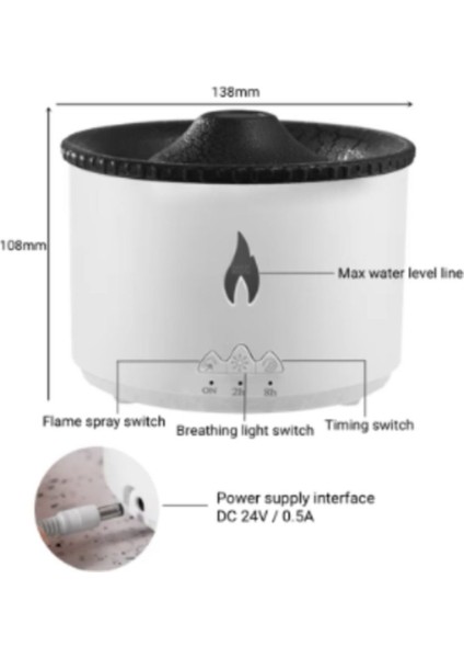 Volkanik Hava Nemlendirici Humidifier Duman Halkalı Aromaterapi Işıklı Zaman Ayarlı Ultrasonik