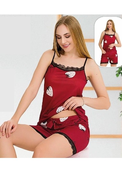 Askılı Şortlu Çilek Desen Bordo Renk 2 Li Takım