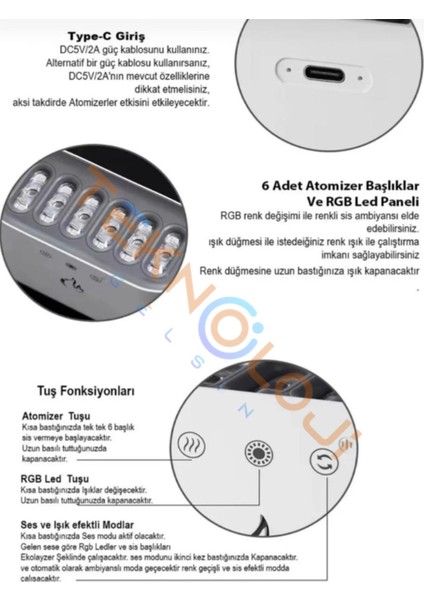 Hava Nemlendirici Humidifier 7 Rgb Işık 6 Nozzle Sese Duyarlı Dokunmatik 900ML Kapasite