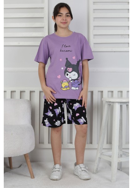 Isob Lila Siyah Kuromi Desenli %100 Pamuk Kız Çocuk Kısa Kollu Şortlu Takım 8-13 Yaş 41417-L