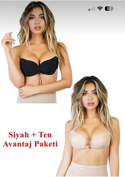 2 Adet Bej-Siyah Askısız Önden Ipli Toparlayıcı Dolgun Gösteren Yapışkanlı Dekolte Sihirli Sütyen modelleri