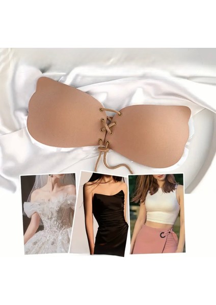 2 Adet Bej-Siyah Askısız Önden Ipli Toparlayıcı Dolgun Gösteren Yapışkanlı Dekolte Sihirli Sütyen fırsatları