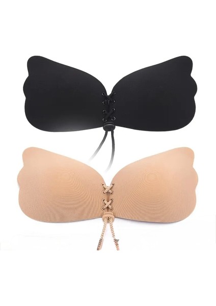 2 Adet Bej-Siyah Askısız Önden Ipli Toparlayıcı Dolgun Gösteren Yapışkanlı Dekolte Sihirli Sütyen indirimleri
