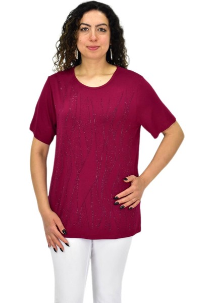 Kadın Viskon Taşlı Kısa Kol Bluz BGL-ST04679