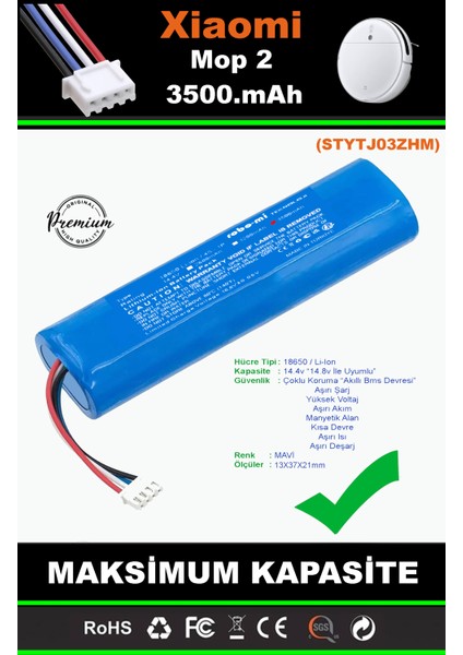 Xiaomi Mi Vacuum Mop 2 STYTJ03ZHM 3500mAh Robot Süpürge Bataryası - Yüksek Yoğunluklu Li-ion Hücre fırsatları