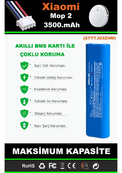Xiaomi Mi Vacuum Mop 2 STYTJ03ZHM 3500mAh Robot Süpürge Bataryası - Yüksek Yoğunluklu Li-ion Hücre