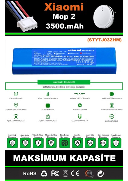 Xiaomi Mi Vacuum Mop 2 STYTJ03ZHM 3500mAh Robot Süpürge Bataryası - Yüksek Yoğunluklu Li-ion Hücre